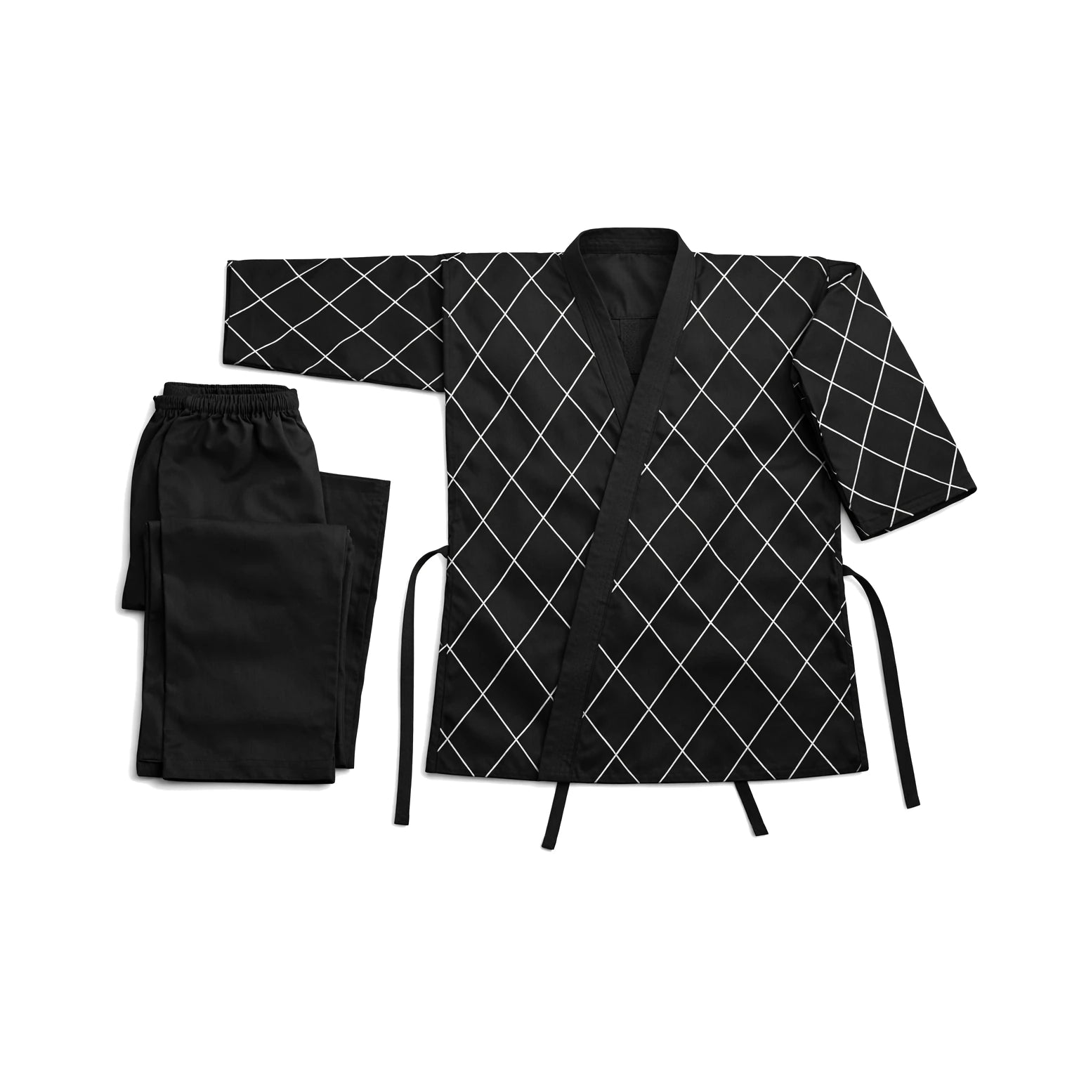 Black kimono with white grid pattern on a white background