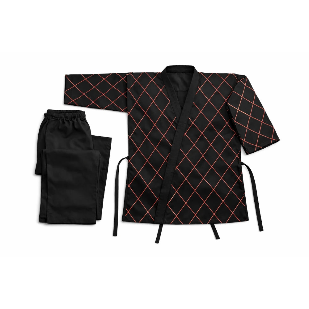 Black kimono with red grid pattern on a white background