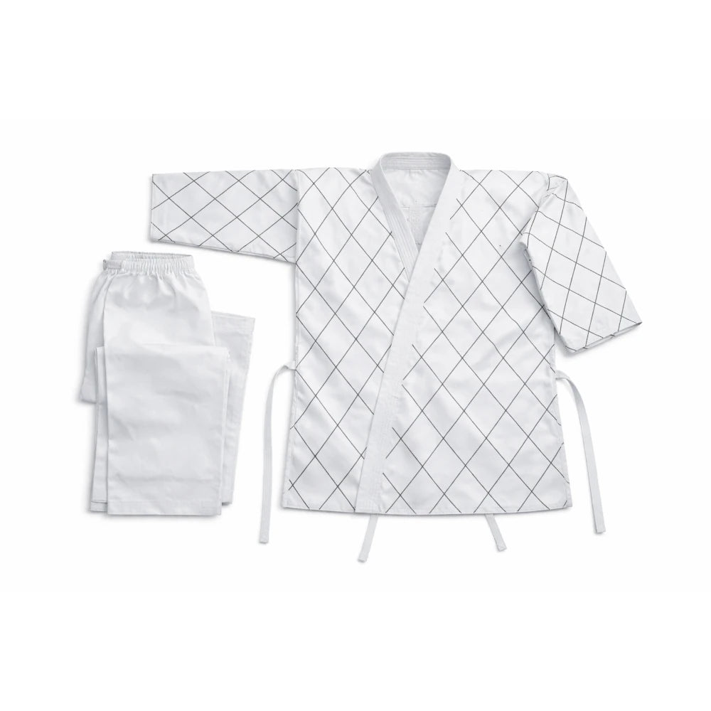 White bathrobe with grid pattern and matching towel on a white background