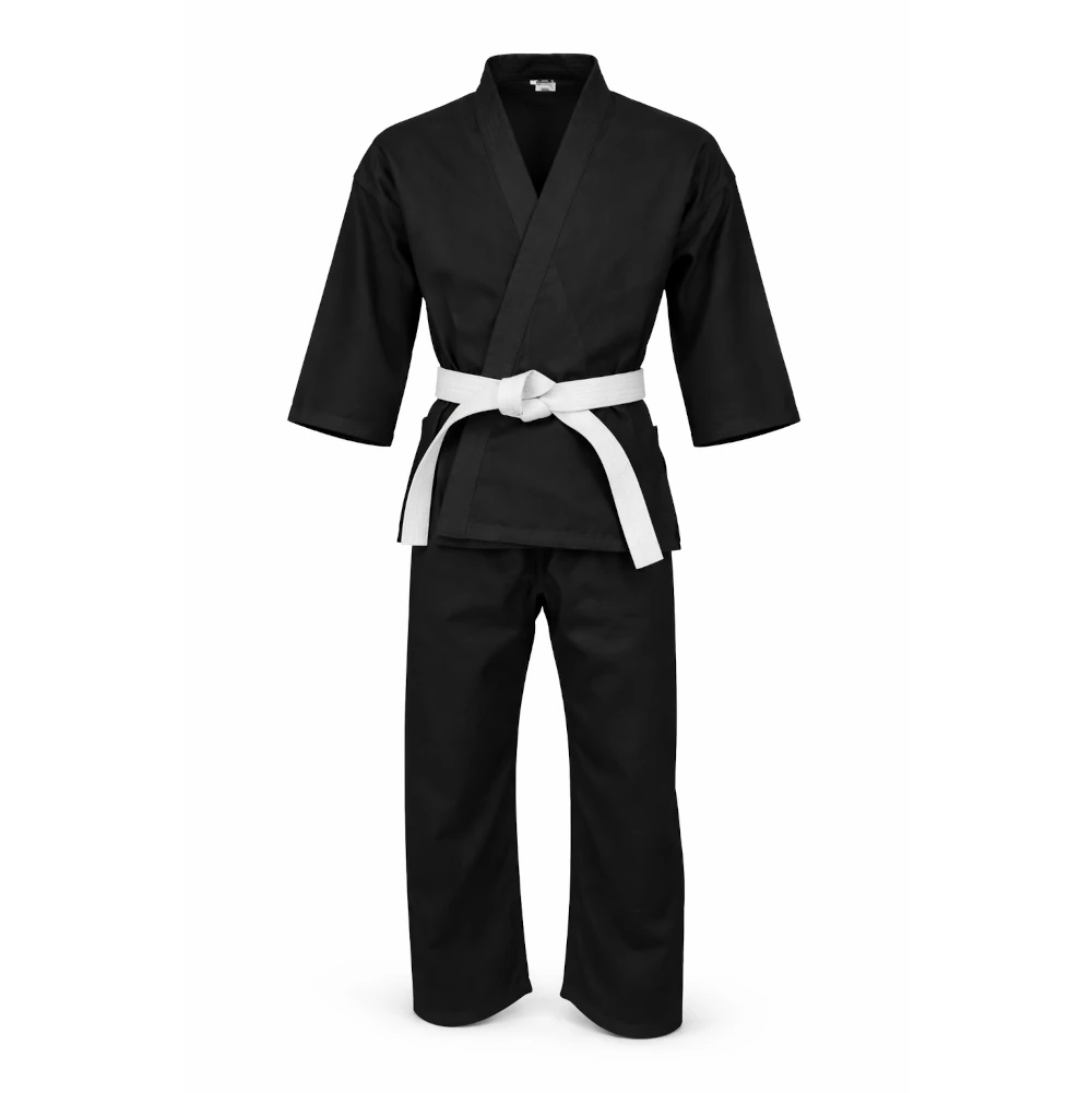 Black martial arts uniform with a white belt on a white background