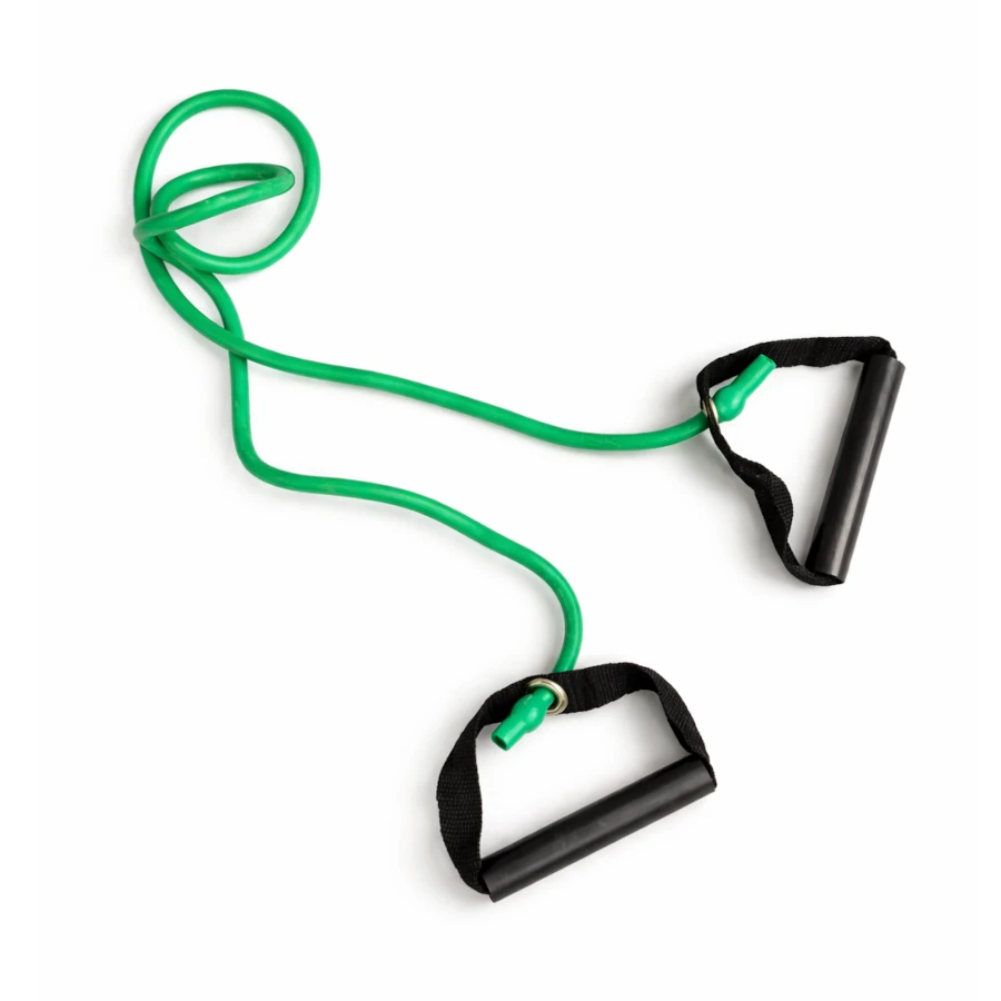 Green resistance band with black handles on a white background