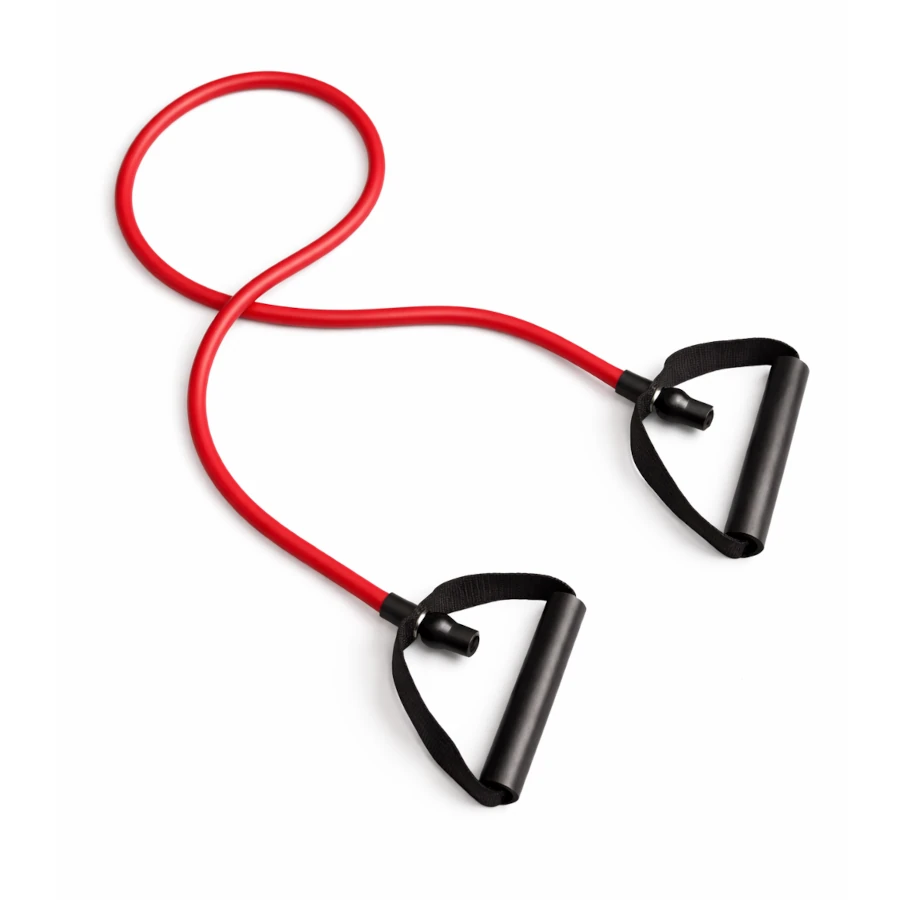Red resistance band with black handles on a white background