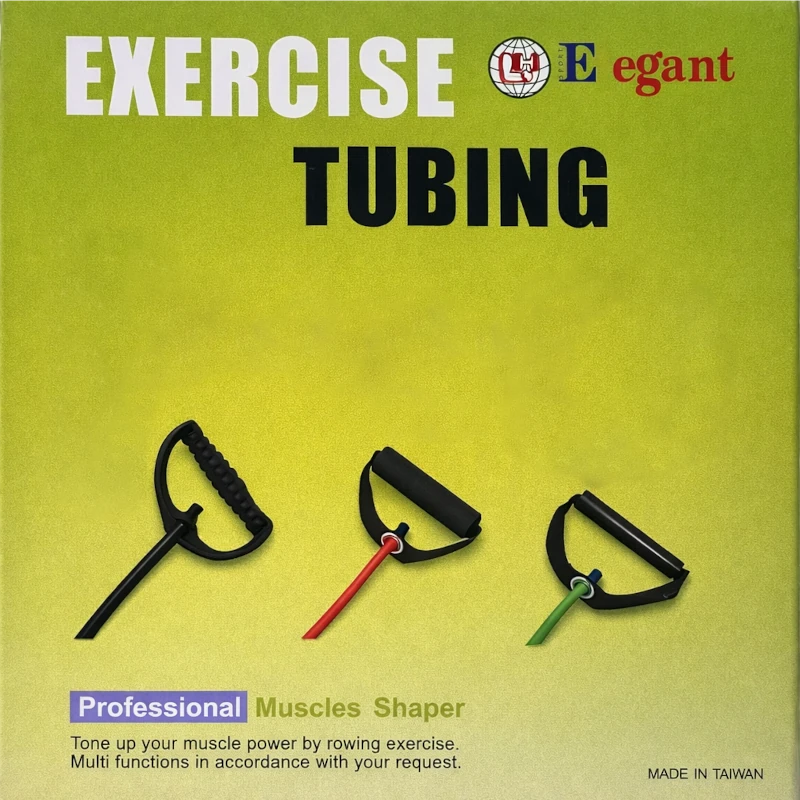 Exercise tubing set on a green background with 'Elegant' branding.