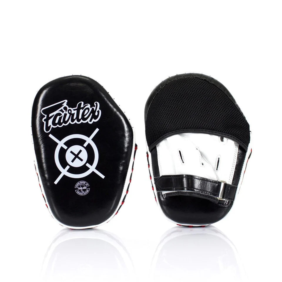 Black focus mitts with white logo on a white background