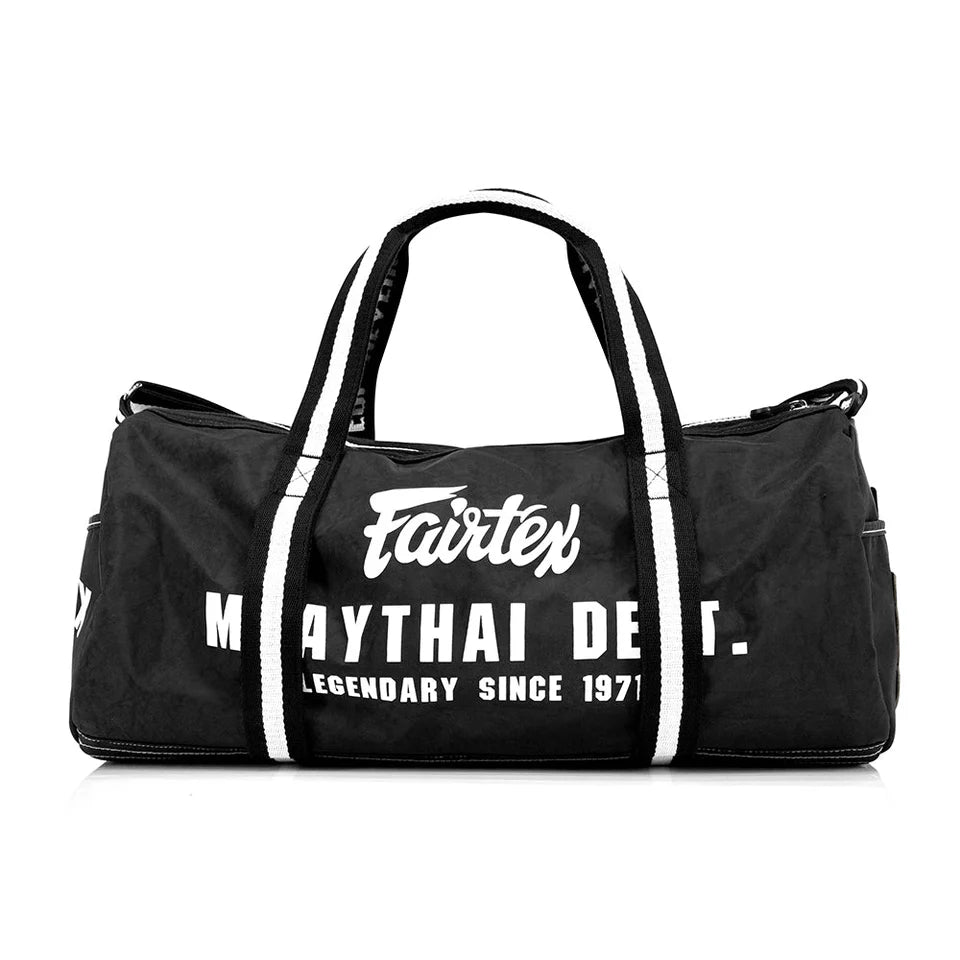 Black duffel bag with white text on a white background
