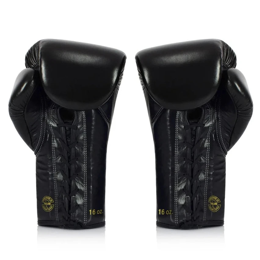 Pair of black boxing gloves with visible branding on a white background