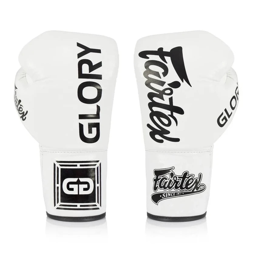 White boxing gloves with 'Glory' and 'Fairtex' branding on a white background