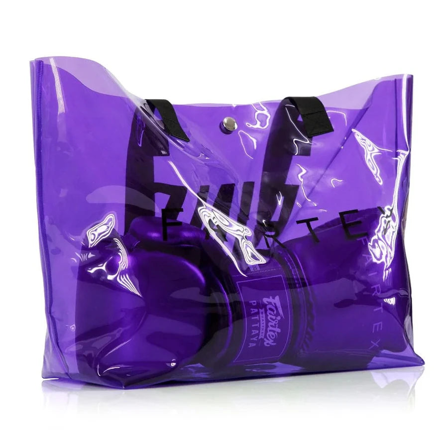 Purple transparent bag with visible branding on a white background