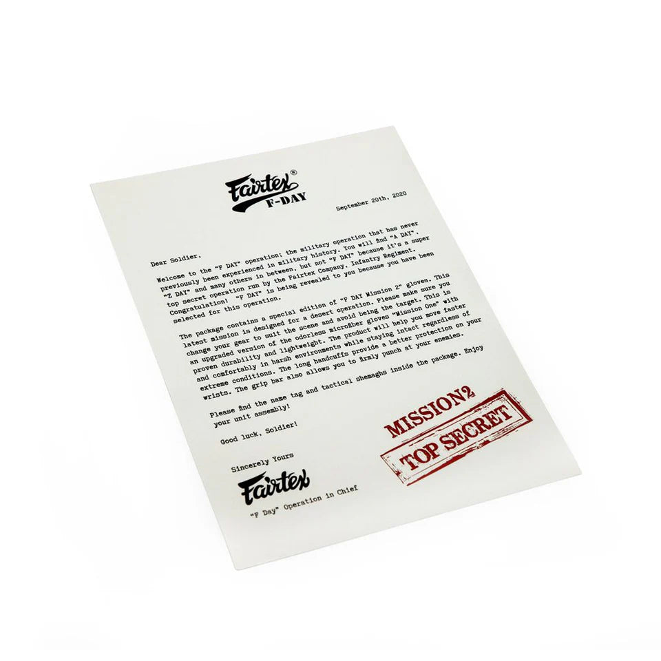 Letter from Fairtex with 'Mission 2: Top Secret' stamp on a white background