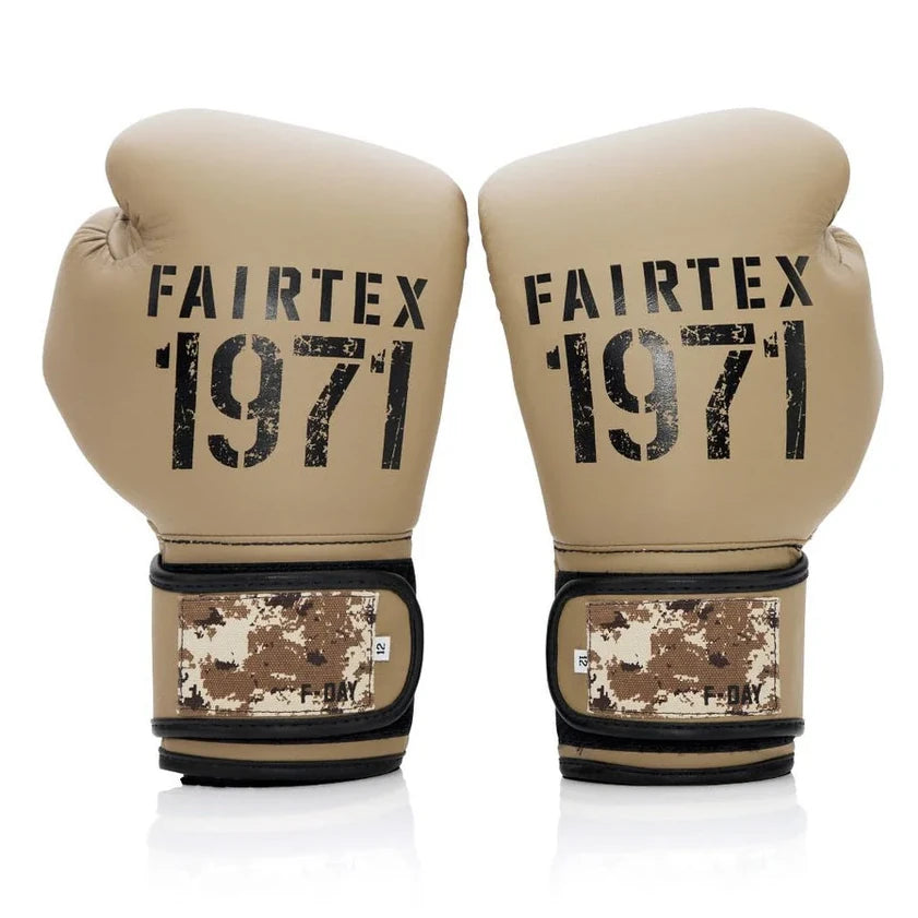 Pair of beige boxing gloves with 'Fairtex 1971' branding on a white background