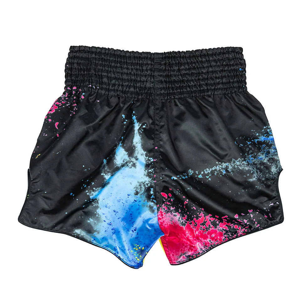 Black Muay Thai shorts with colorful abstract design on a white background