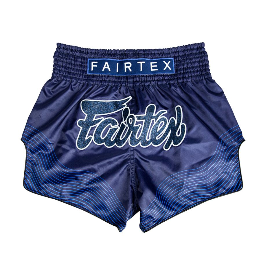 Blue Fairtex boxing shorts on a white background