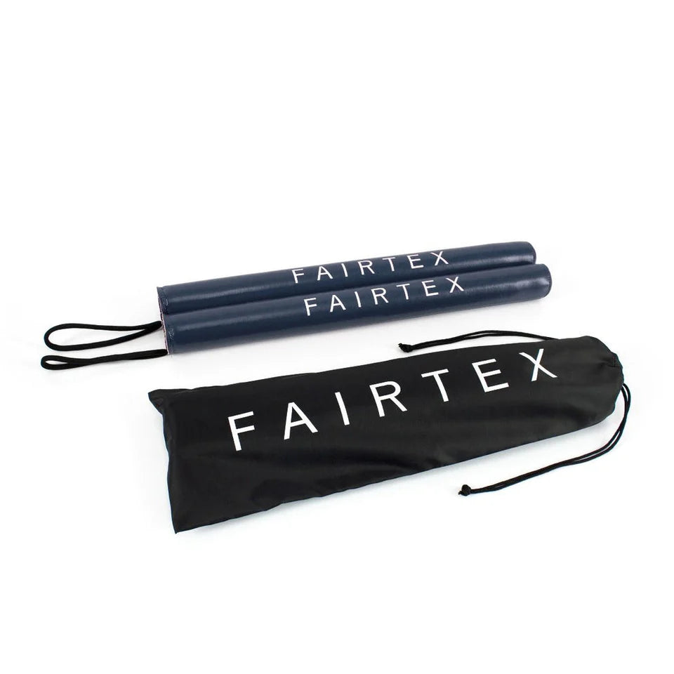 Two Fairtex boxing sticks with a black carrying bag on a white background