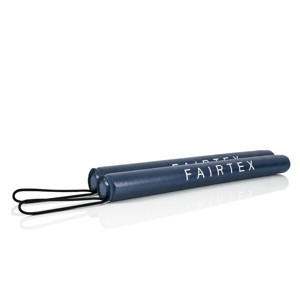 Pair of blue Fairtex boxing sticks on a white background
