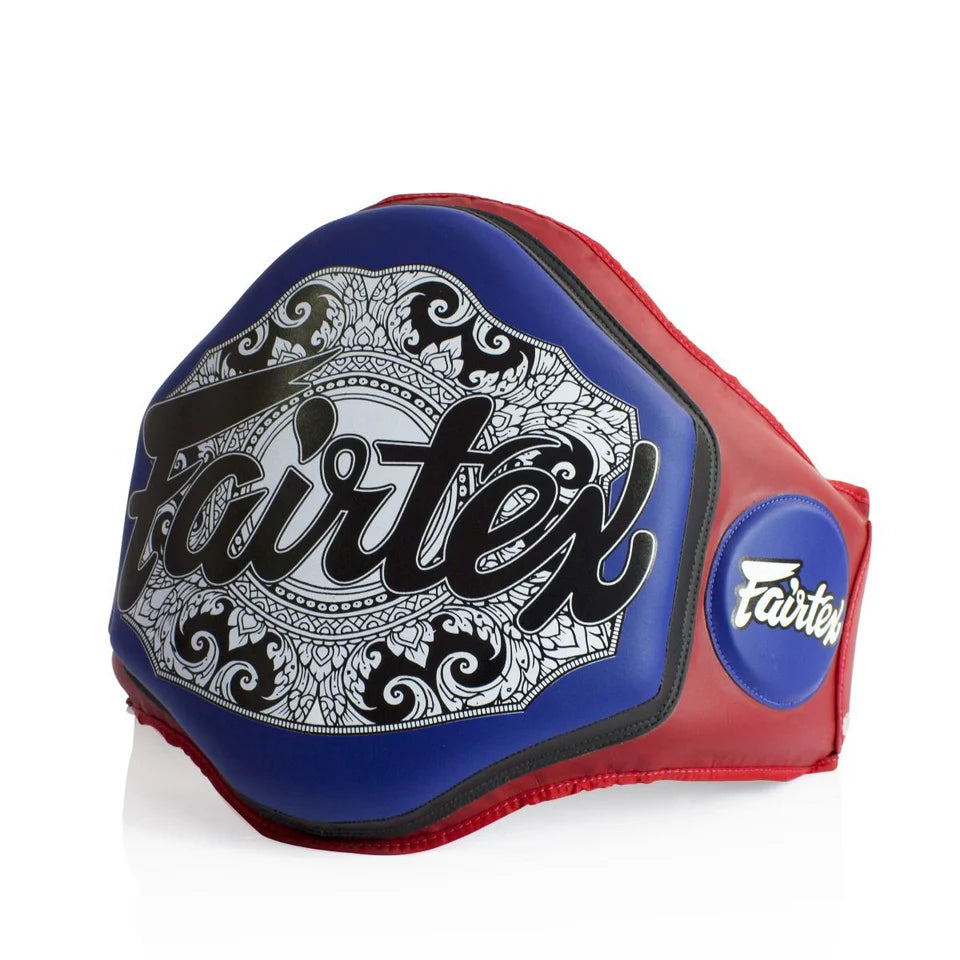 Blue and red belly pad with Fairtex logo on a white background