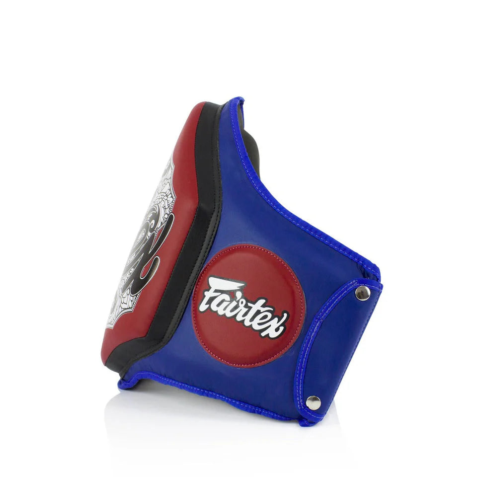 Blue and red side profile of a Muay Thai belly pad with 'Fairtex' branding on a white background