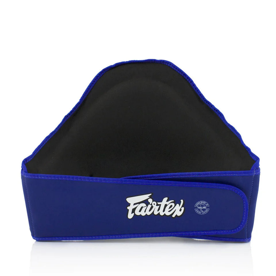 Blue and black belly pad with Fairtex logo on a white background