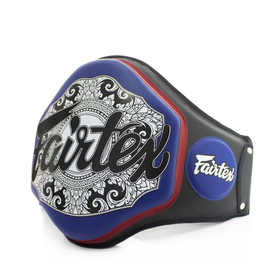 Blue and black belly pad with Fairtex branding on a white background