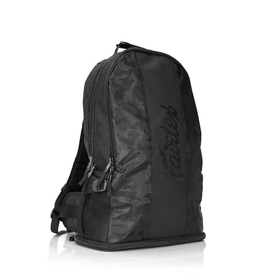 Black backpack with a brand logo on a white background