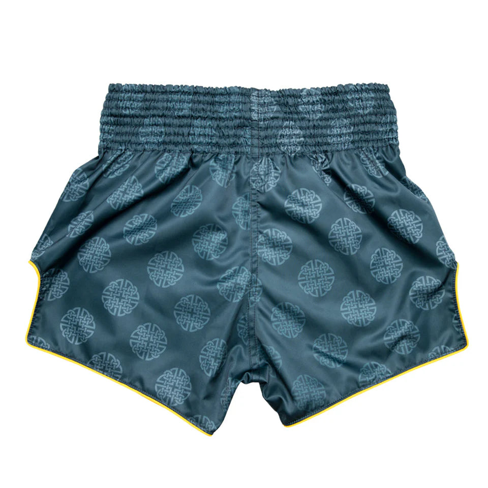 Blue Muay Thai shorts with a pattern on a white background