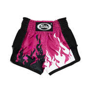 Pink and black boxing shorts with flame design on a white background