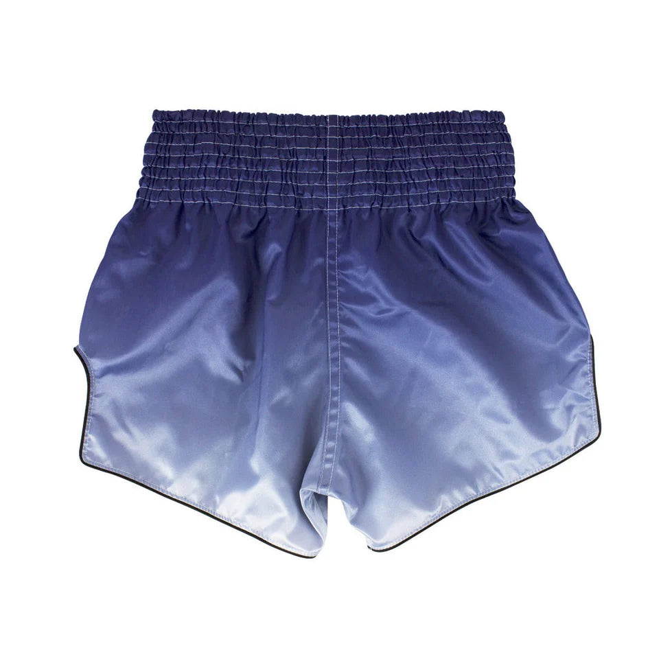 Blue satin Muay Thai shorts on a white background