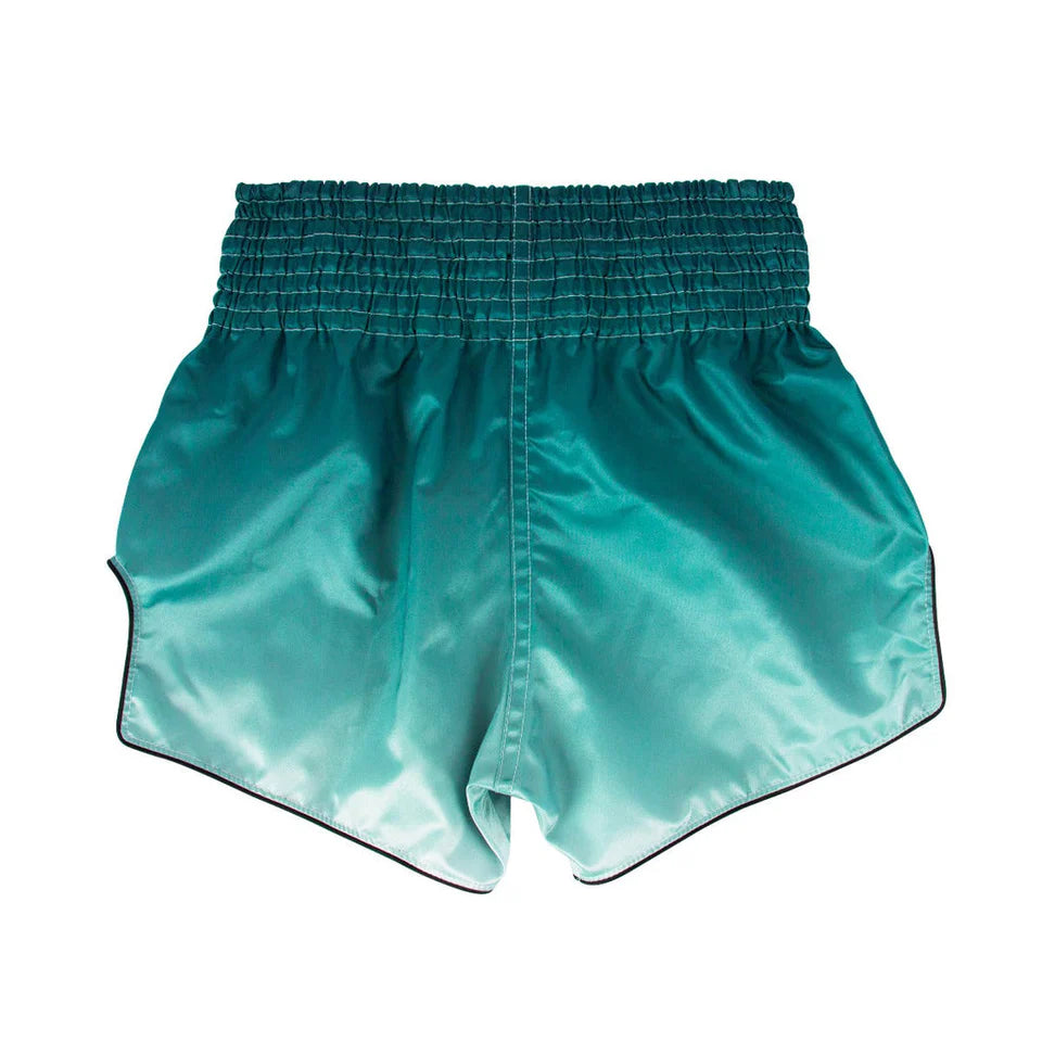Turquoise satin shorts on a white background