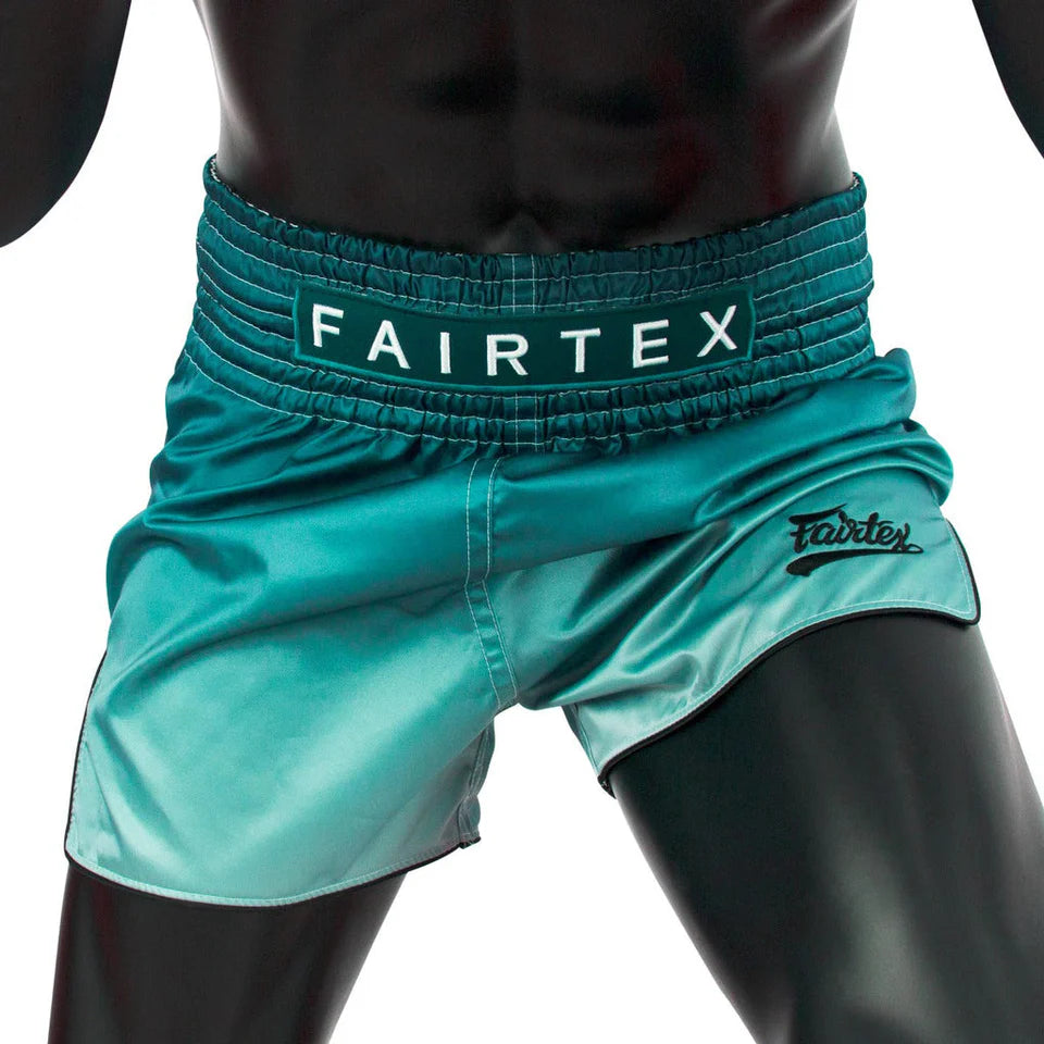 Teal Fairtex shorts on a black mannequin against a white background