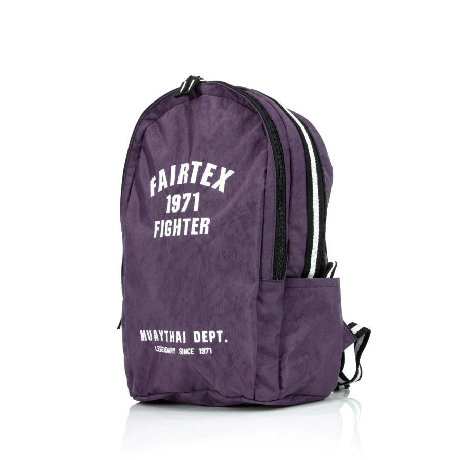 Purple backpack with Fairtex branding on a white background