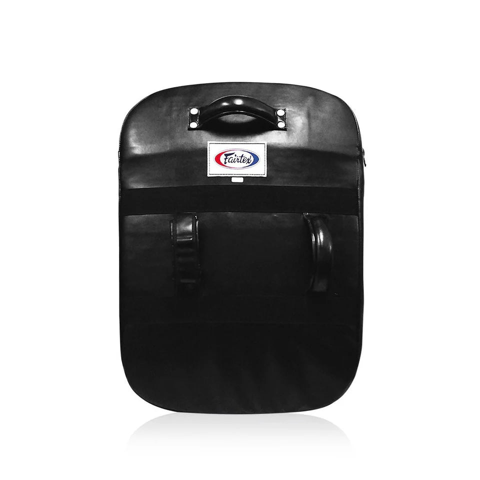 Black leather kick shield with a visible brand logo on a white background