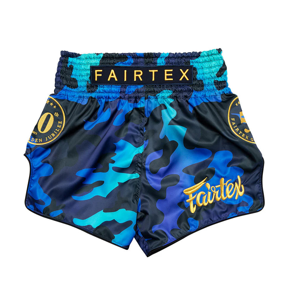 Blue and black camouflage Muay Thai Fairtex boxing shorts on a white background
