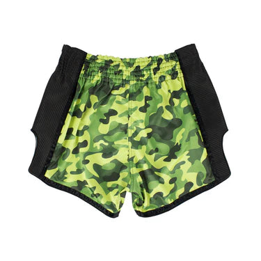 Green camouflage Muay Thai shorts with black accents on a white background