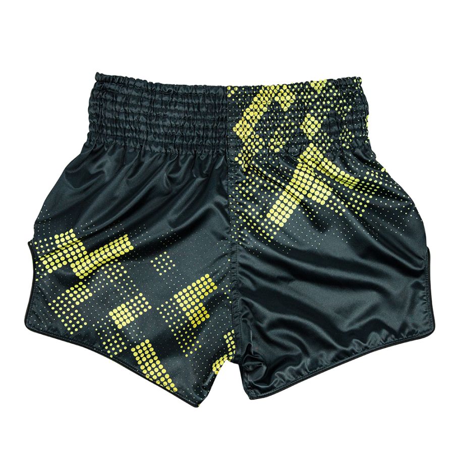 Black Muay Thai shorts with yellow geometric pattern on a white background