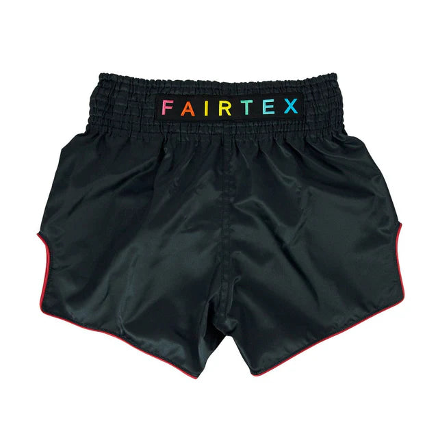Black Muay Thai shorts with Fairtex logo on a white background