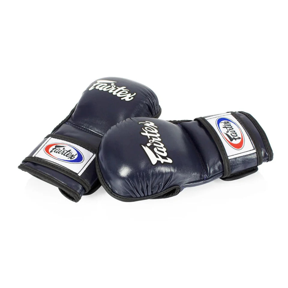 Pair of navy blue MMA gloves with Fairtex branding on a white background