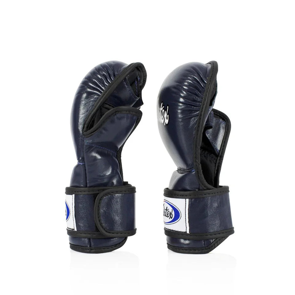 Pair of navy blue MMA gloves with brand logo on a white background