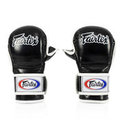 Pair of black Fairtex MMA sparring gloves on a white background