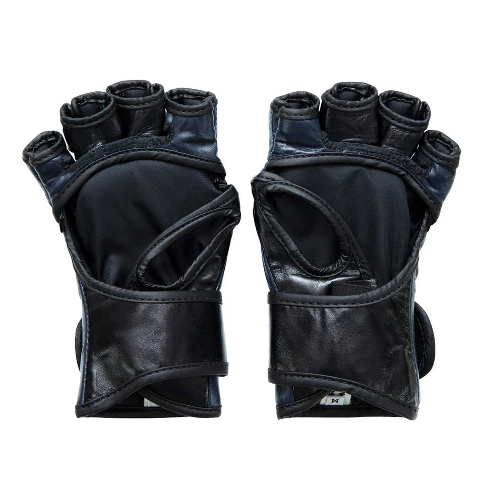 Pair of black MMA gloves with fingerless design on a white background