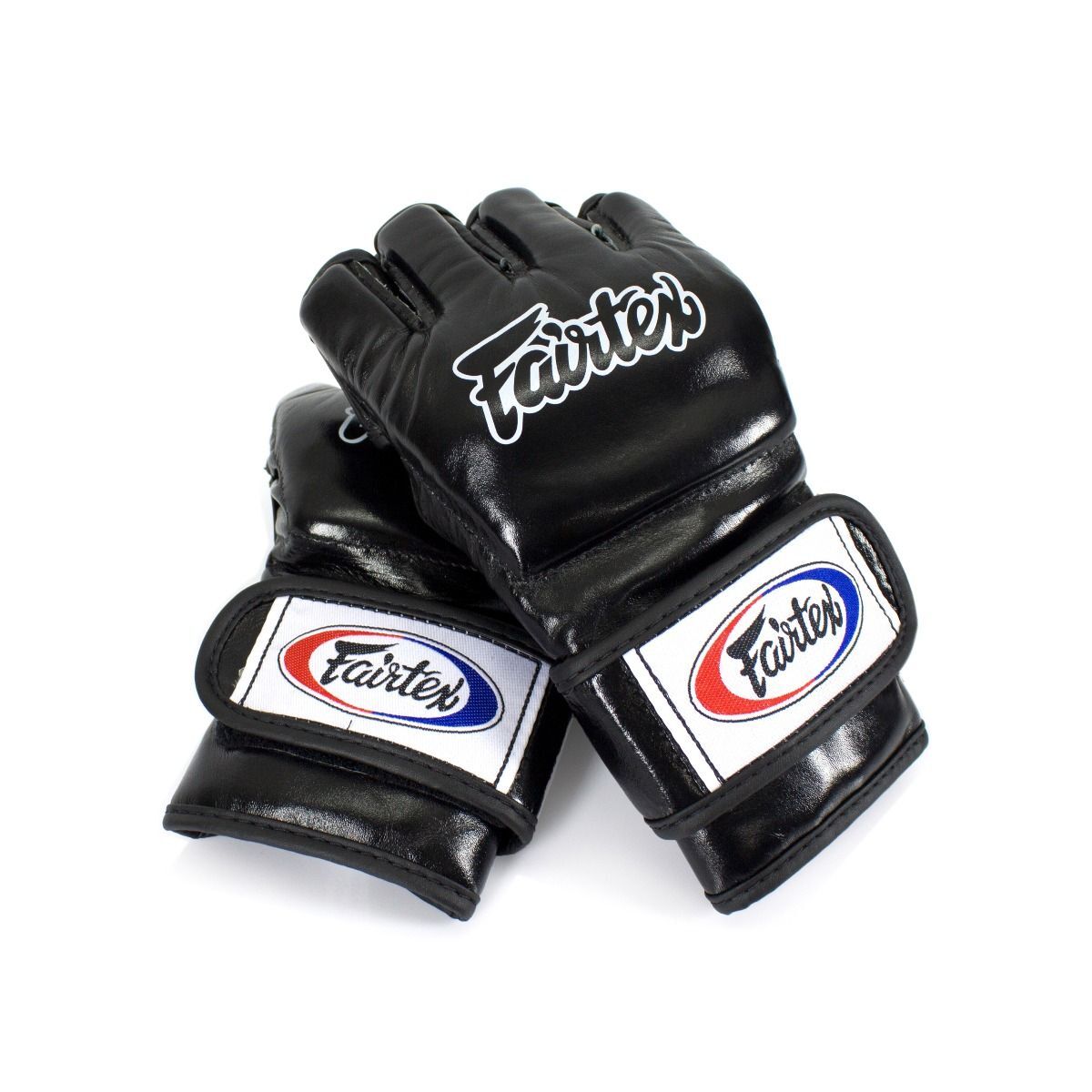 Pair of black Fairtex MMA gloves on a white background