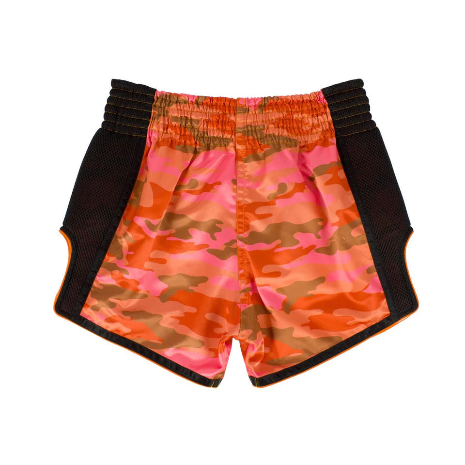 Camouflage Muay Thai shorts with black accents on a white background