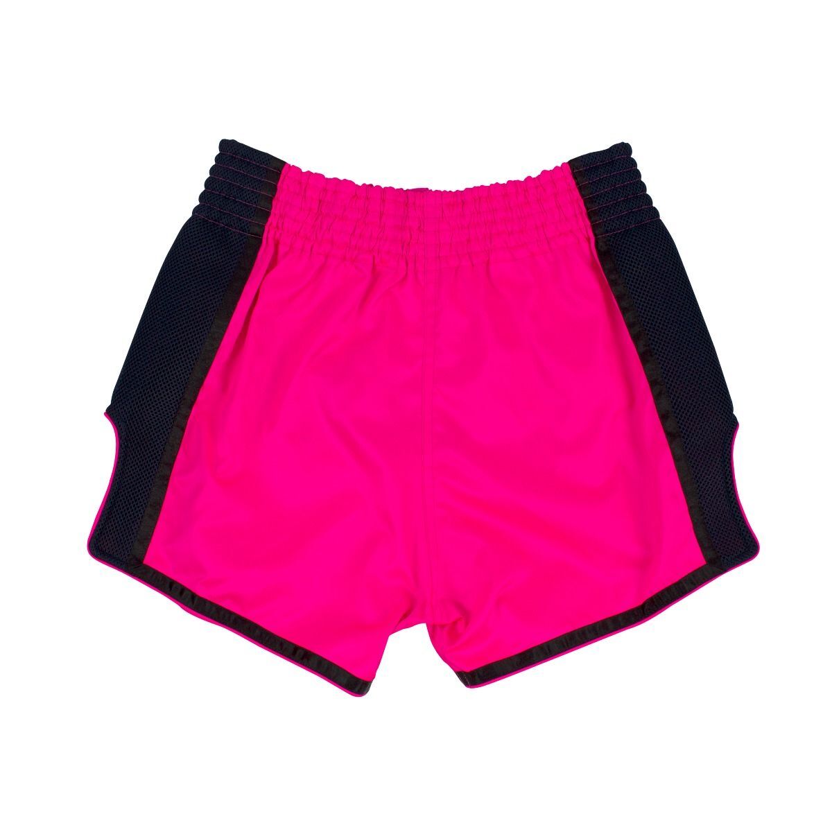 Pink Muay Thai shorts with black trim on a white background