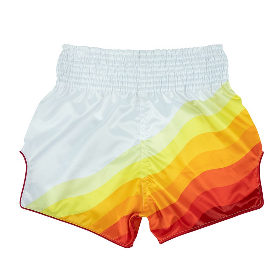 White Muay Thai shorts with a colorful gradient pattern on a white background