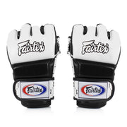 Pair of black and white Fairtex MMA gloves on a white background