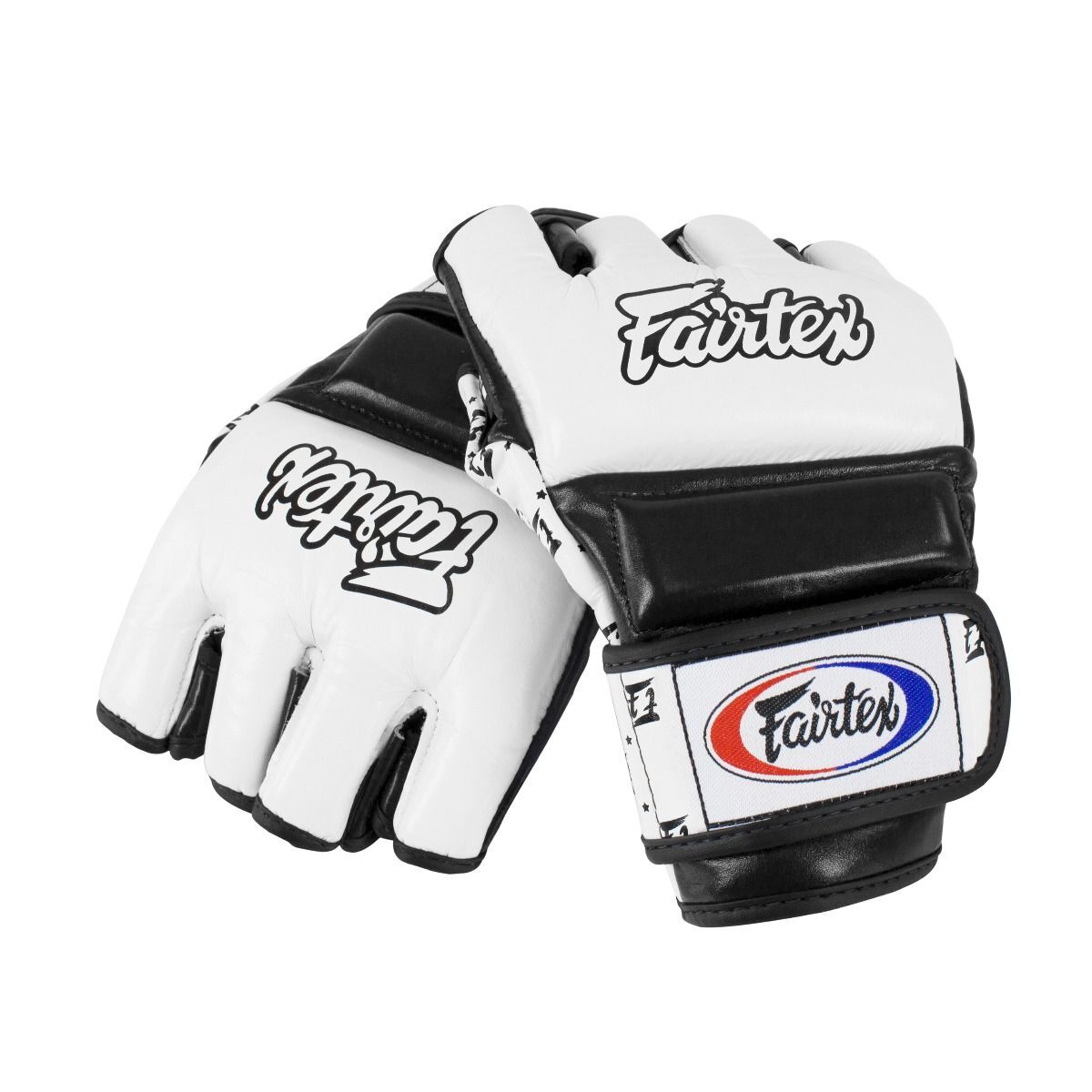 Pair of white and black Fairtex MMA gloves on a white background