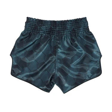 Blue Muay Thai shorts with a subtle pattern on a white background