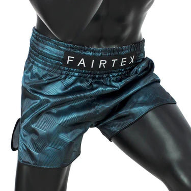 Teal Muay Thai Fairtex shorts on a mannequin against a white background