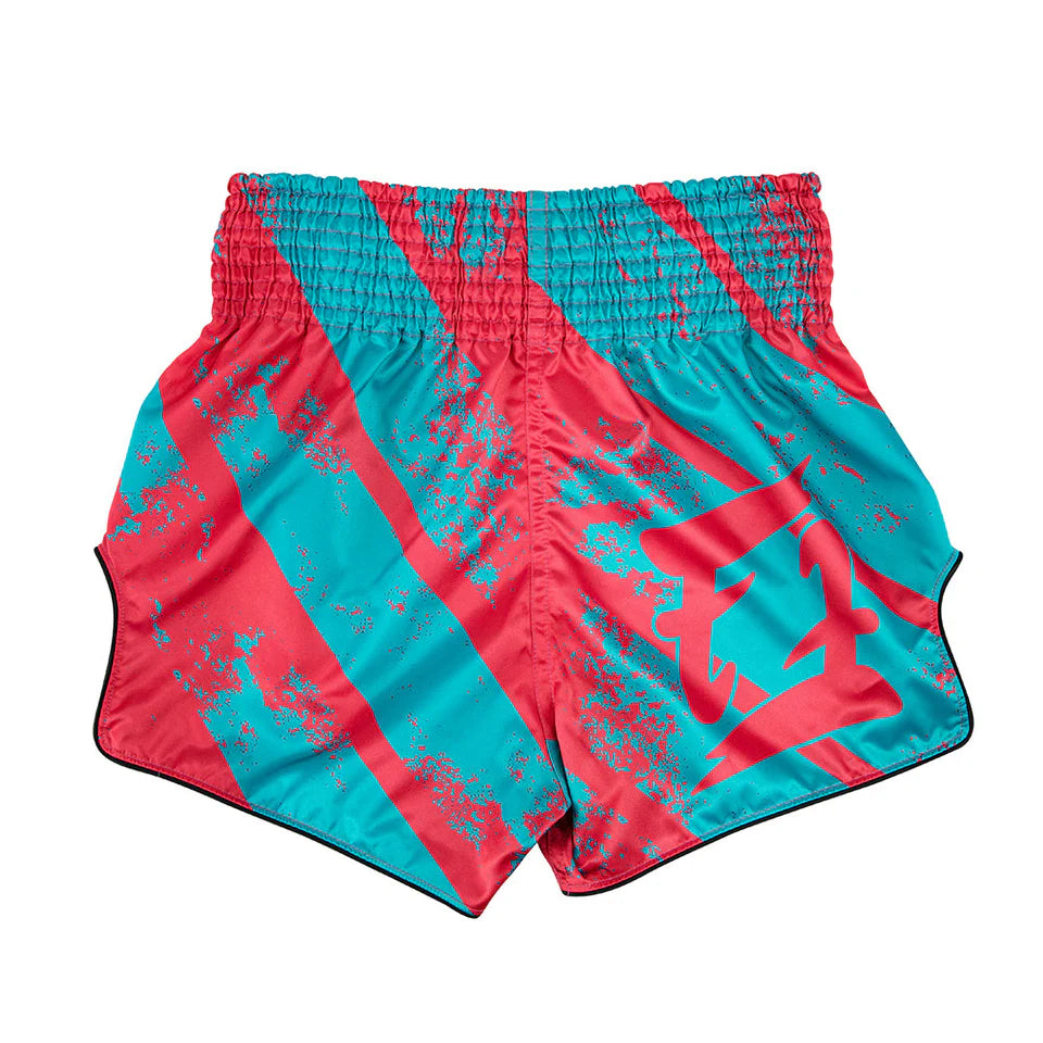 Red and teal Muay Thai shorts with abstract pattern on a white background