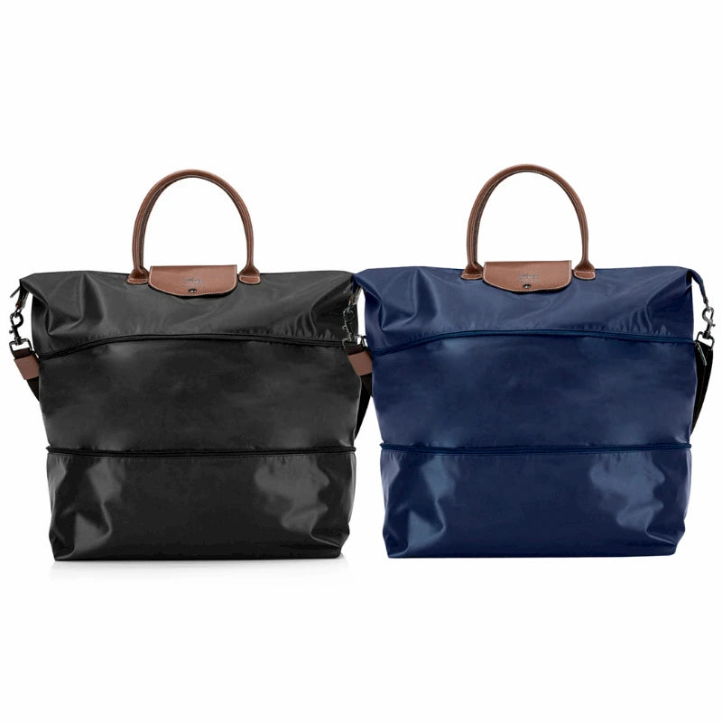 Black and blue bags with brown handles on a white background