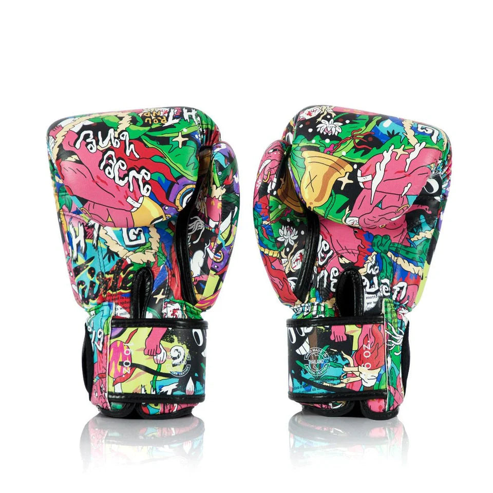Colorful Muay Thai boxing gloves with a cartoon design on a white background