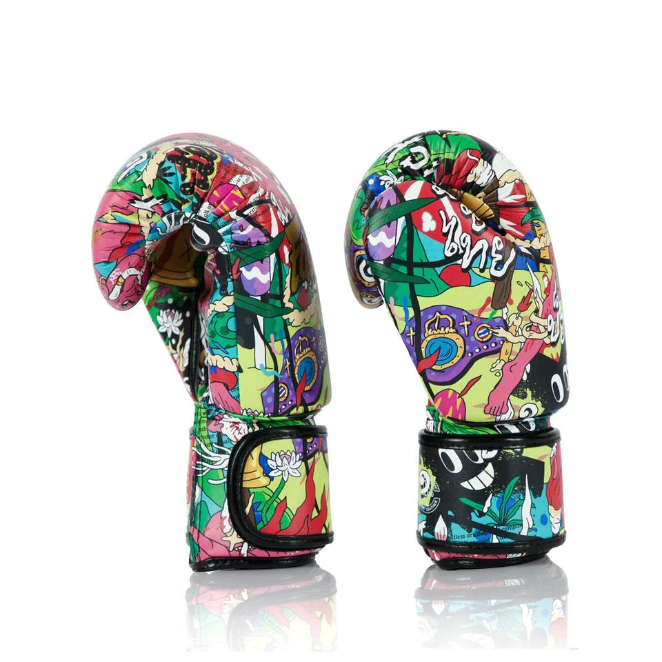Colorful graffiti-style boxing gloves on a white background